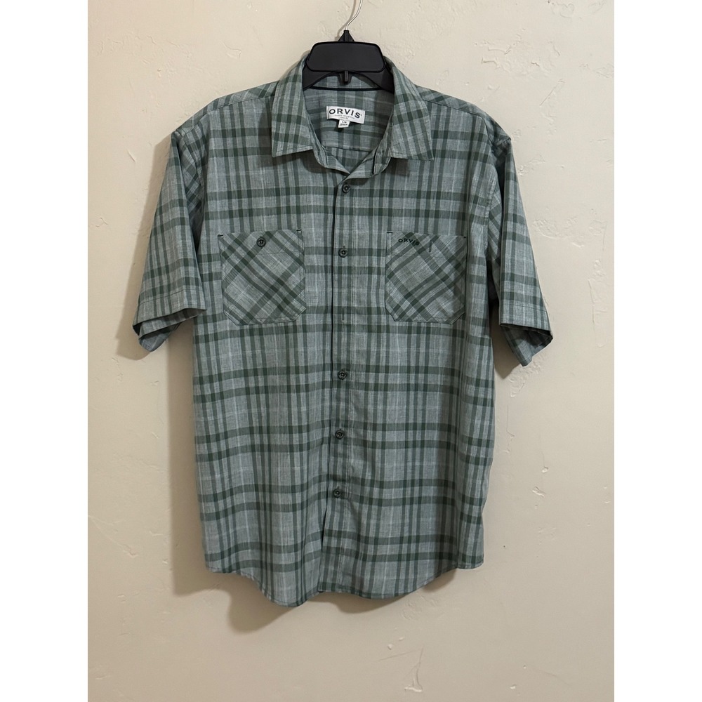Orvis shirt L/G green gray plaid 2 pocket short sleeve fishing check cotton M